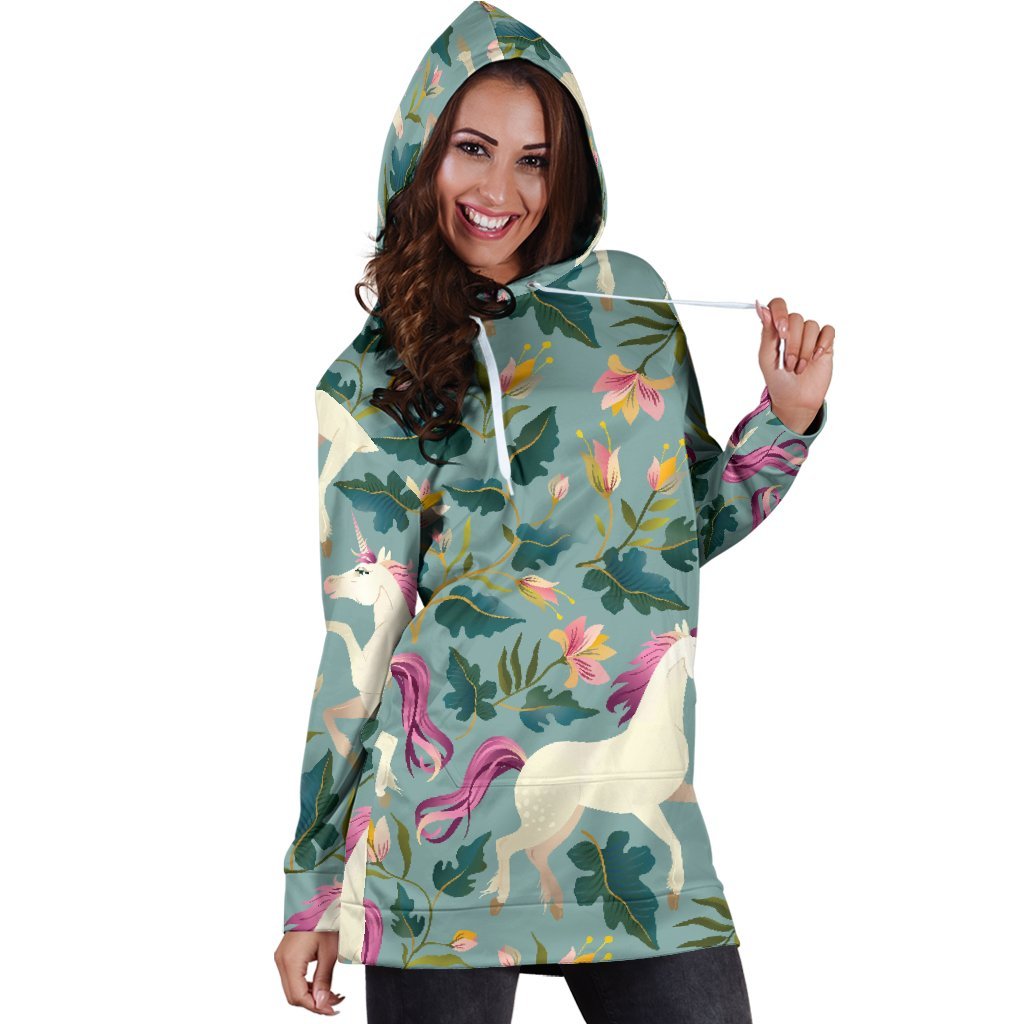 Floral Unicorn Pattern Print Hoodie Dress GearFrost