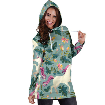 Floral Unicorn Pattern Print Hoodie Dress GearFrost