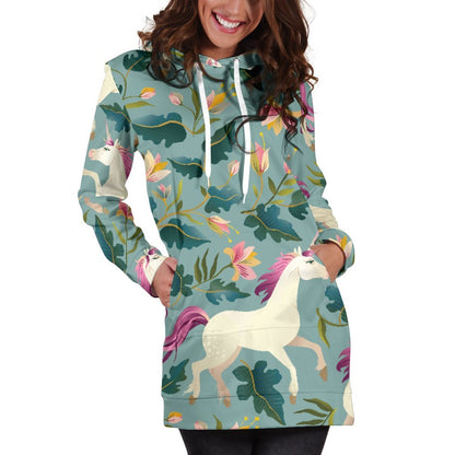 Floral Unicorn Pattern Print Hoodie Dress GearFrost