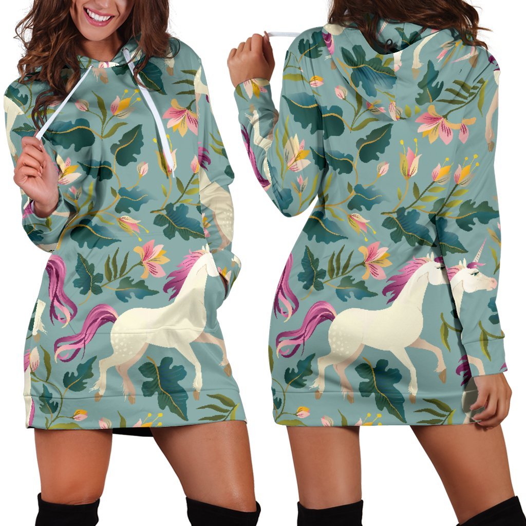Floral Unicorn Pattern Print Hoodie Dress GearFrost