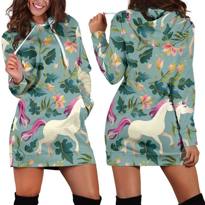 Floral Unicorn Pattern Print Hoodie Dress GearFrost