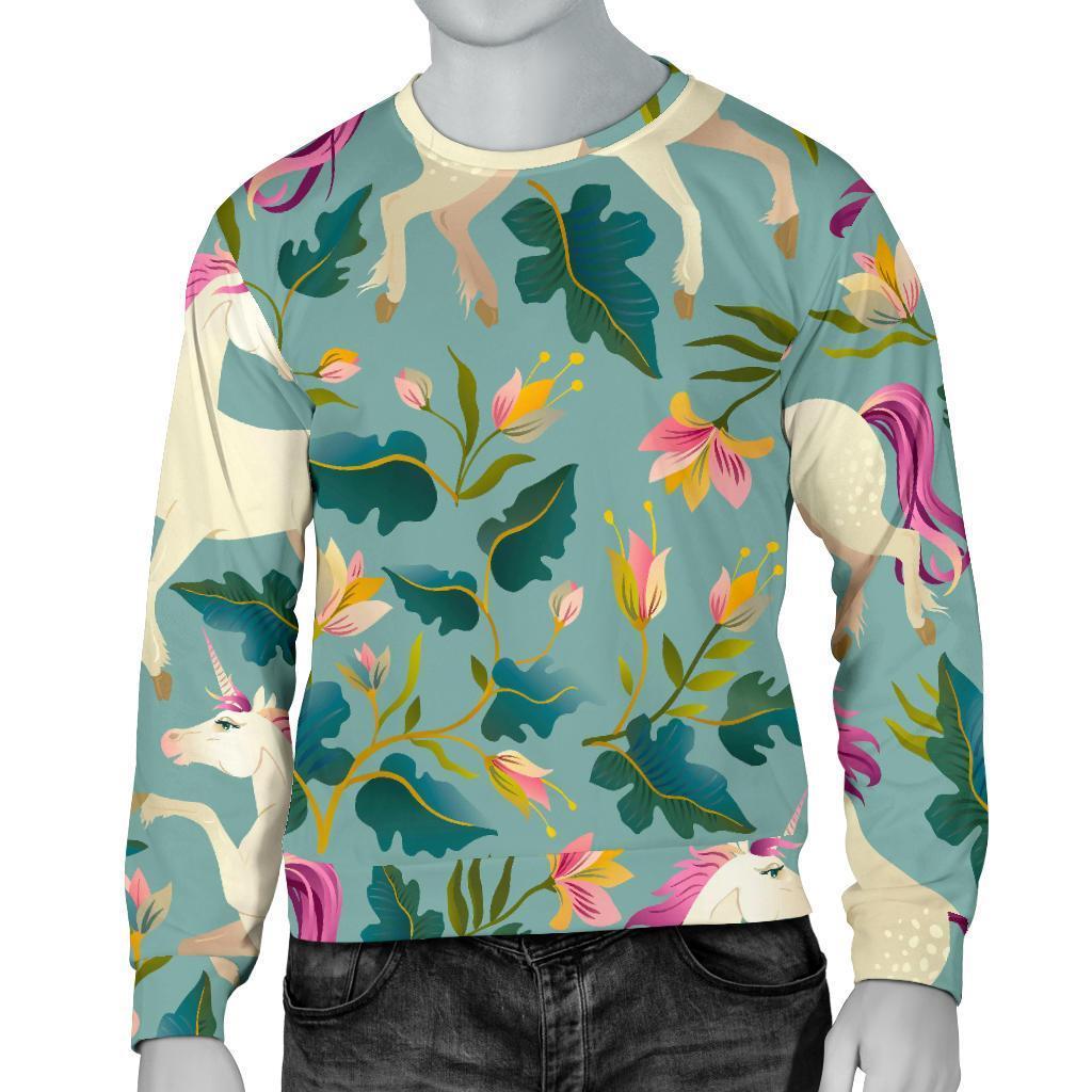 Floral Unicorn Pattern Print Men's Crewneck Sweatshirt GearFrost