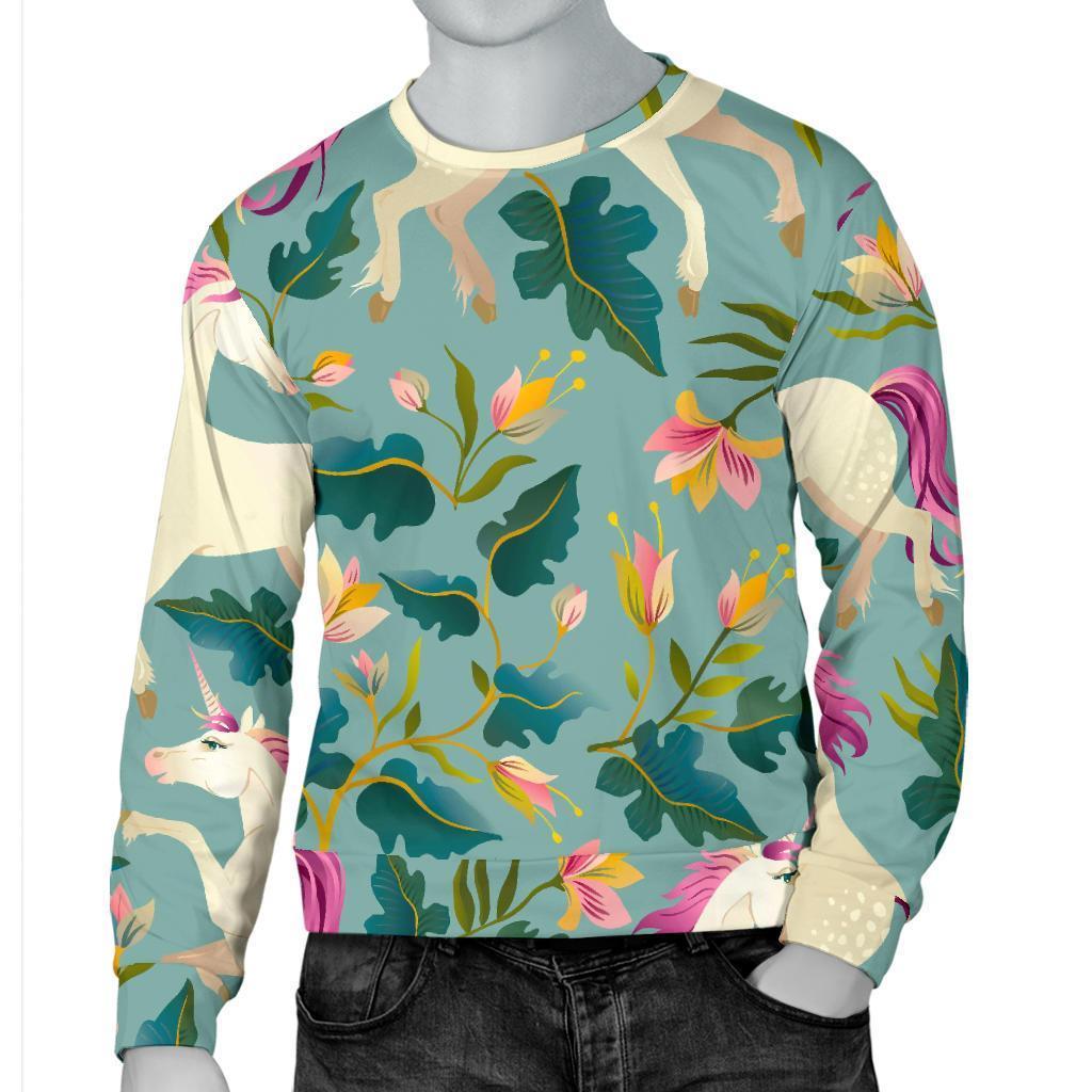 Floral Unicorn Pattern Print Men's Crewneck Sweatshirt GearFrost