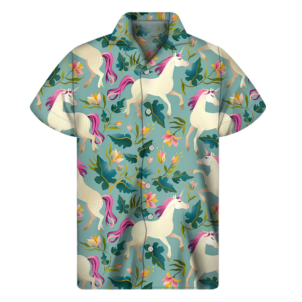 Floral Unicorn Pattern Print Men's Short Sleeve Shirt