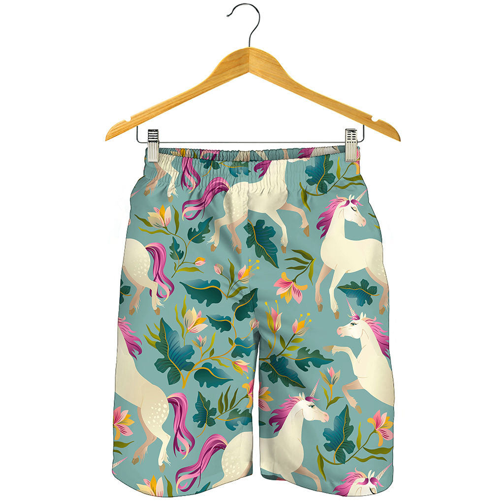 Floral Unicorn Pattern Print Men's Shorts
