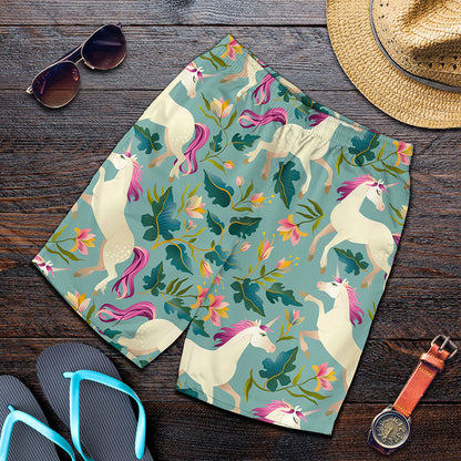 Floral Unicorn Pattern Print Men's Shorts