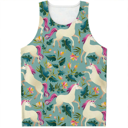 Floral Unicorn Pattern Print Men's Tank Top