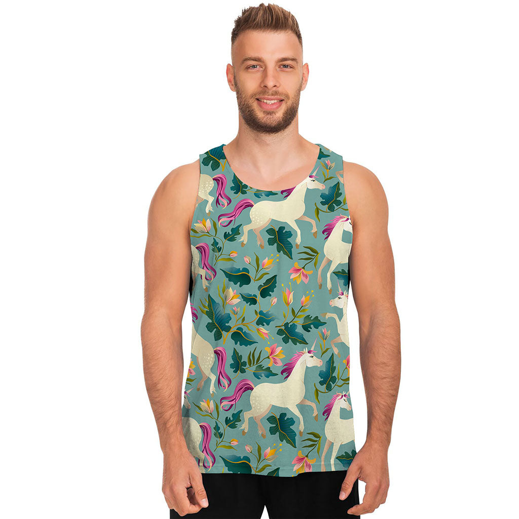 Floral Unicorn Pattern Print Men's Tank Top