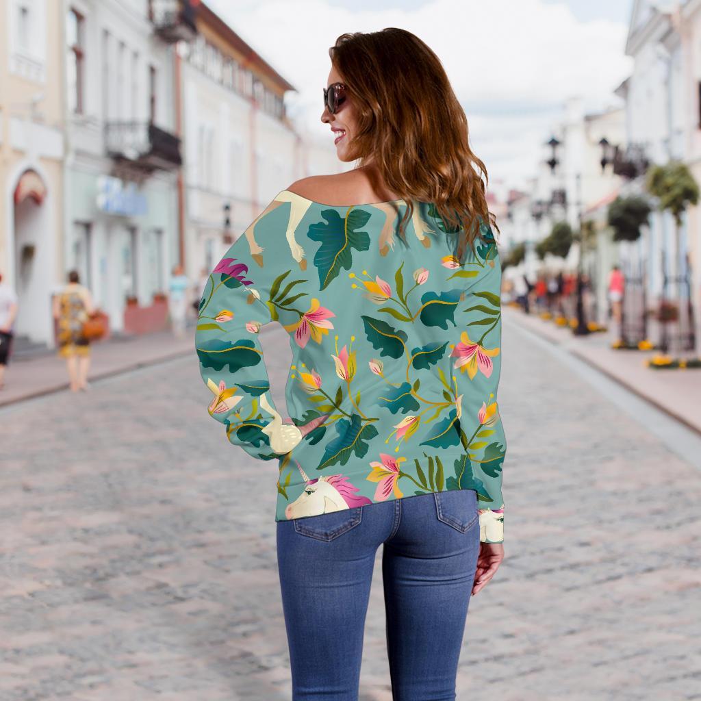 Floral Unicorn Pattern Print Off Shoulder Sweatshirt GearFrost