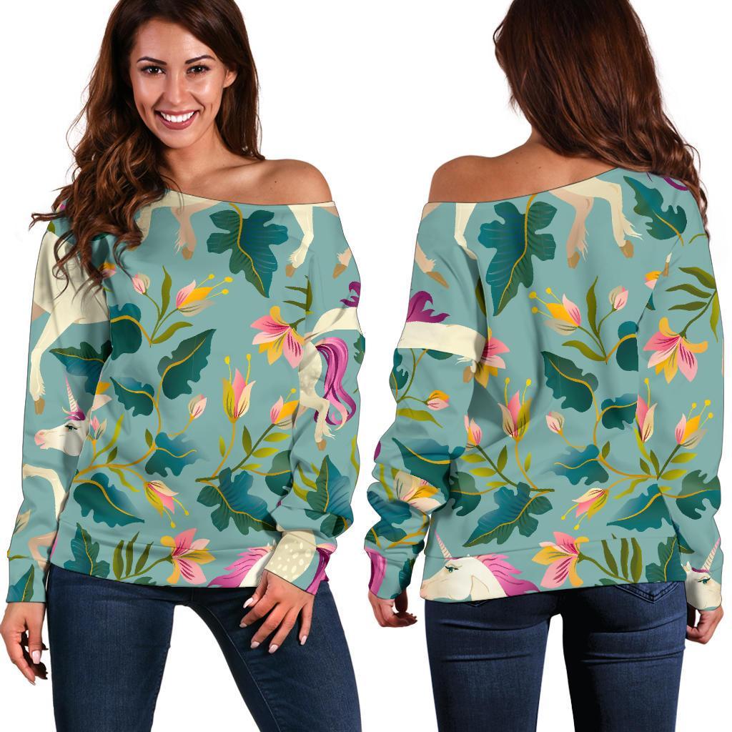 Floral Unicorn Pattern Print Off Shoulder Sweatshirt GearFrost