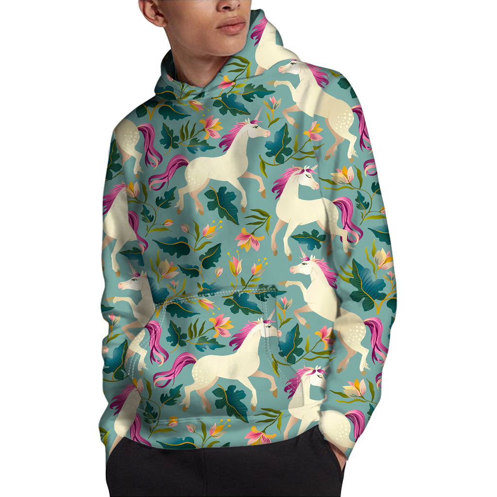 Floral Unicorn Pattern Print Pullover Hoodie