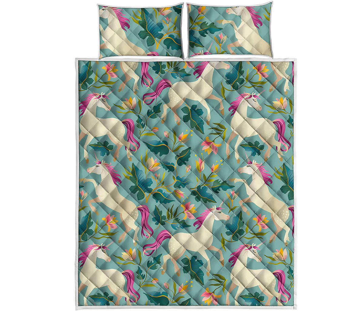Floral Unicorn Pattern Print Quilt Bed Set