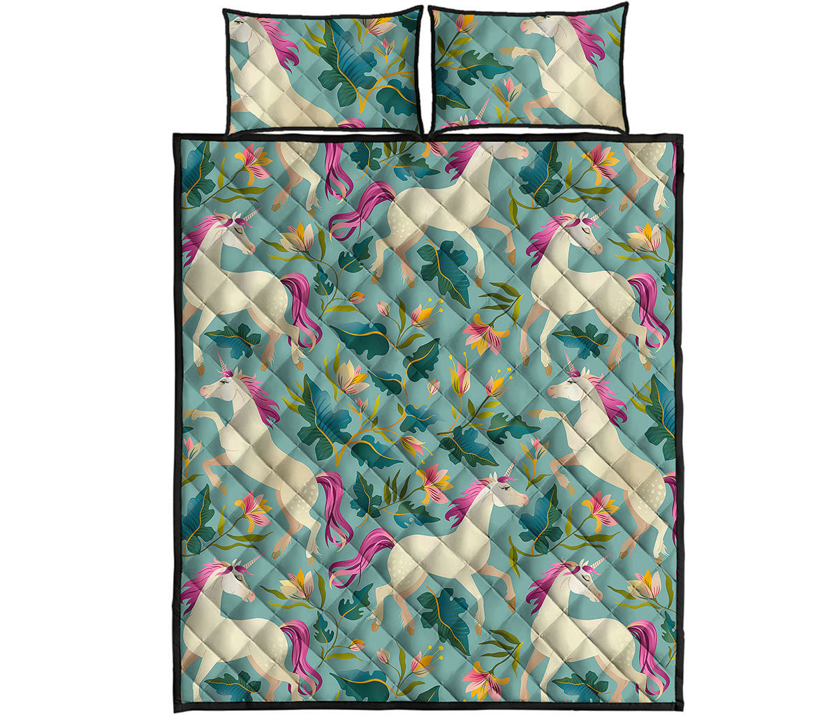 Floral Unicorn Pattern Print Quilt Bed Set