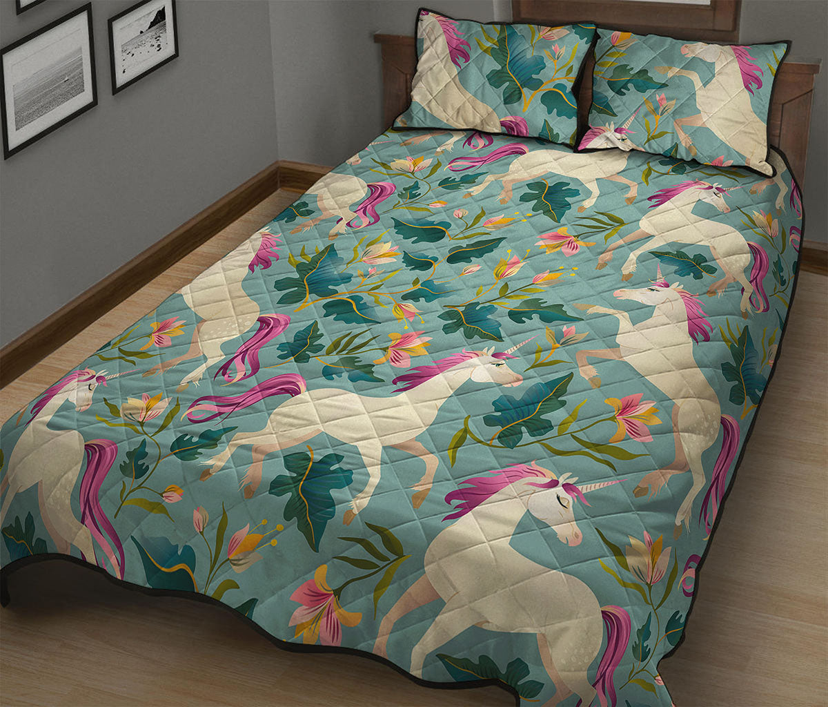 Floral Unicorn Pattern Print Quilt Bed Set