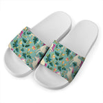 Floral Unicorn Pattern Print White Slide Sandals