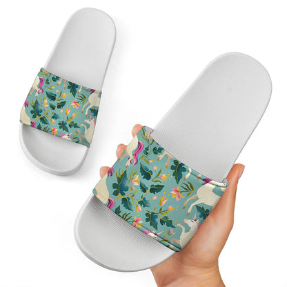 Floral Unicorn Pattern Print White Slide Sandals