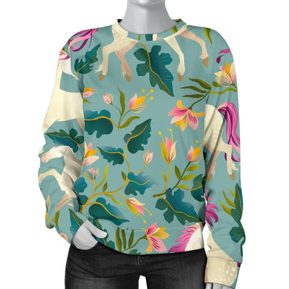 Floral Unicorn Pattern Print Women's Crewneck Sweatshirt GearFrost