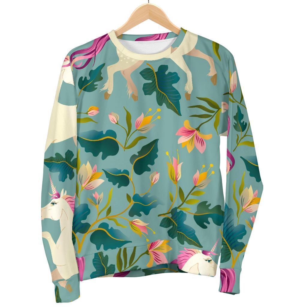 Floral Unicorn Pattern Print Women's Crewneck Sweatshirt GearFrost