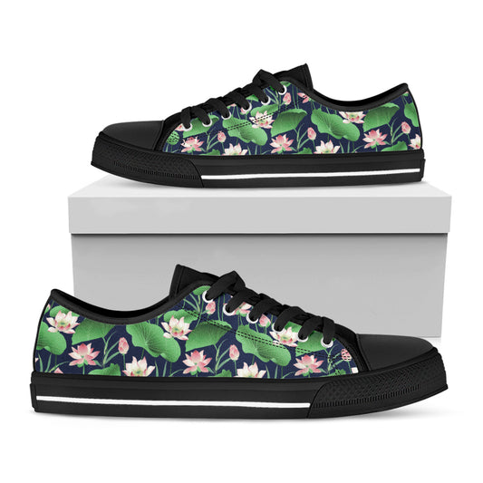 Flower And Leaf Lotus Pattern Print Black Low Top Shoes