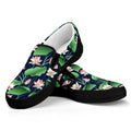 Flower And Leaf Lotus Pattern Print Black Slip On Sneakers