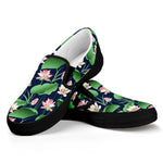 Flower And Leaf Lotus Pattern Print Black Slip On Shoes