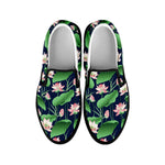 Flower And Leaf Lotus Pattern Print Black Slip On Shoes