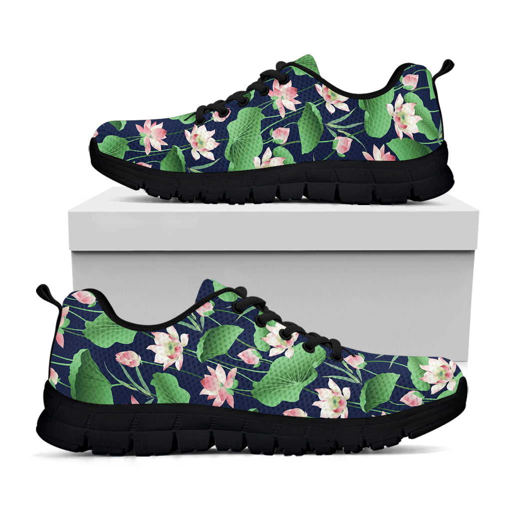Flower And Leaf Lotus Pattern Print Black Sneakers