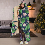 Flower And Leaf Lotus Pattern Print Hooded Blanket