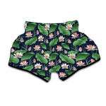 Flower And Leaf Lotus Pattern Print Muay Thai Boxing Shorts