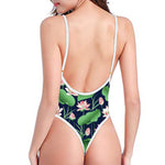 Flower And Leaf Lotus Pattern Print One Piece High Cut Swimsuit
