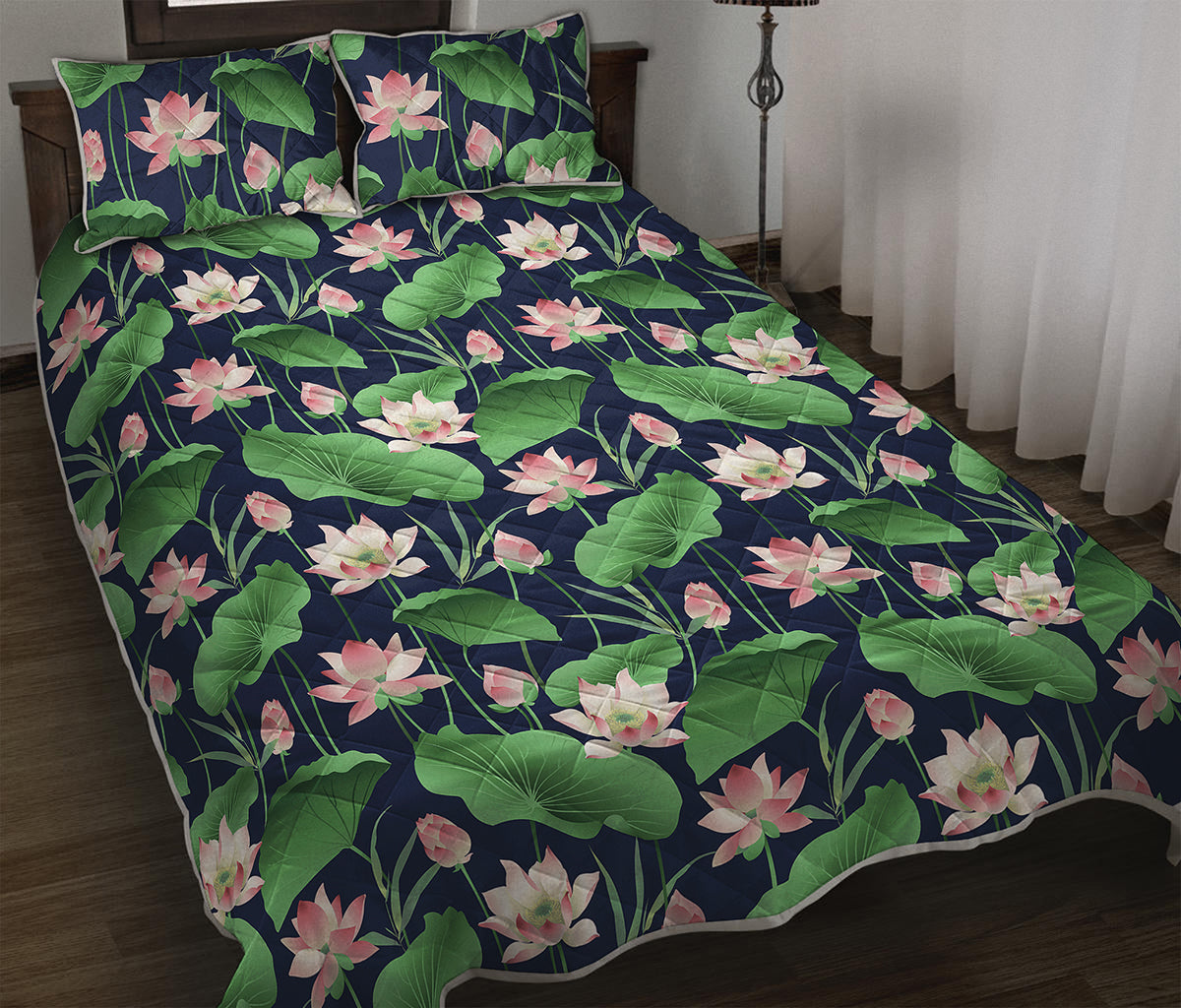 Flower And Leaf Lotus Pattern Print Quilt Bed Set