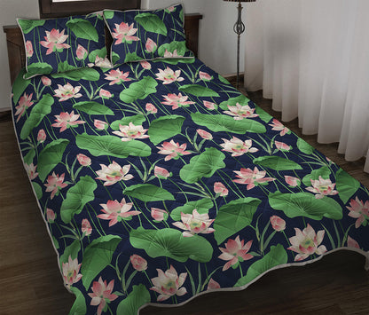 Flower And Leaf Lotus Pattern Print Quilt Bed Set