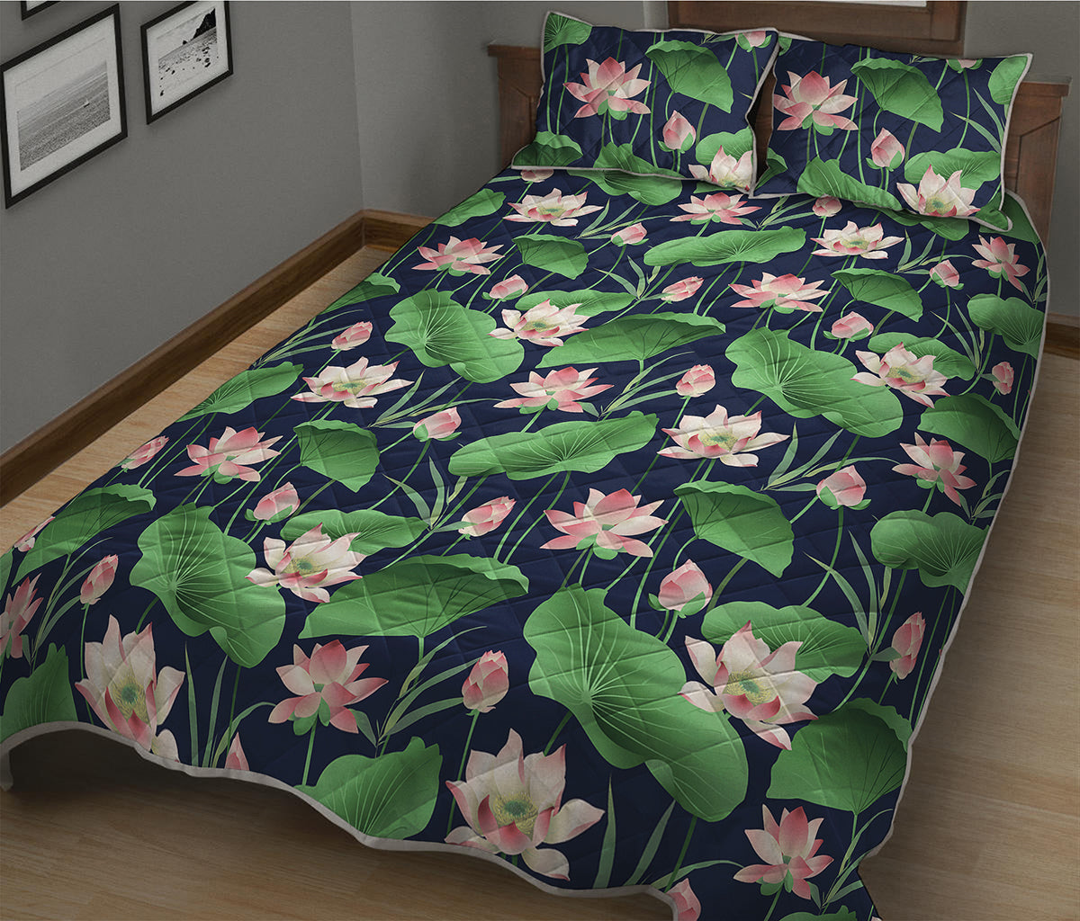 Flower And Leaf Lotus Pattern Print Quilt Bed Set