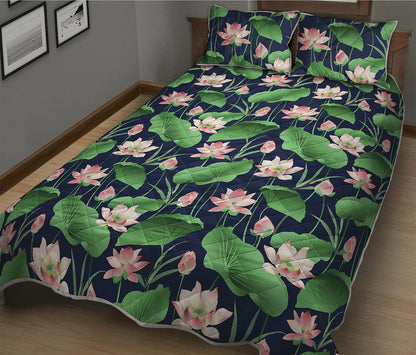 Flower And Leaf Lotus Pattern Print Quilt Bed Set