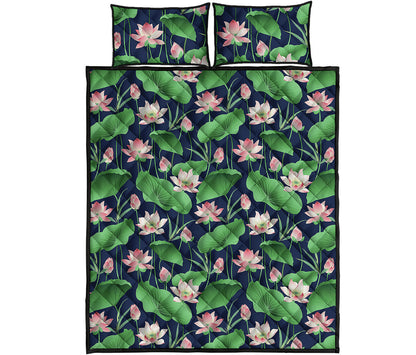 Flower And Leaf Lotus Pattern Print Quilt Bed Set
