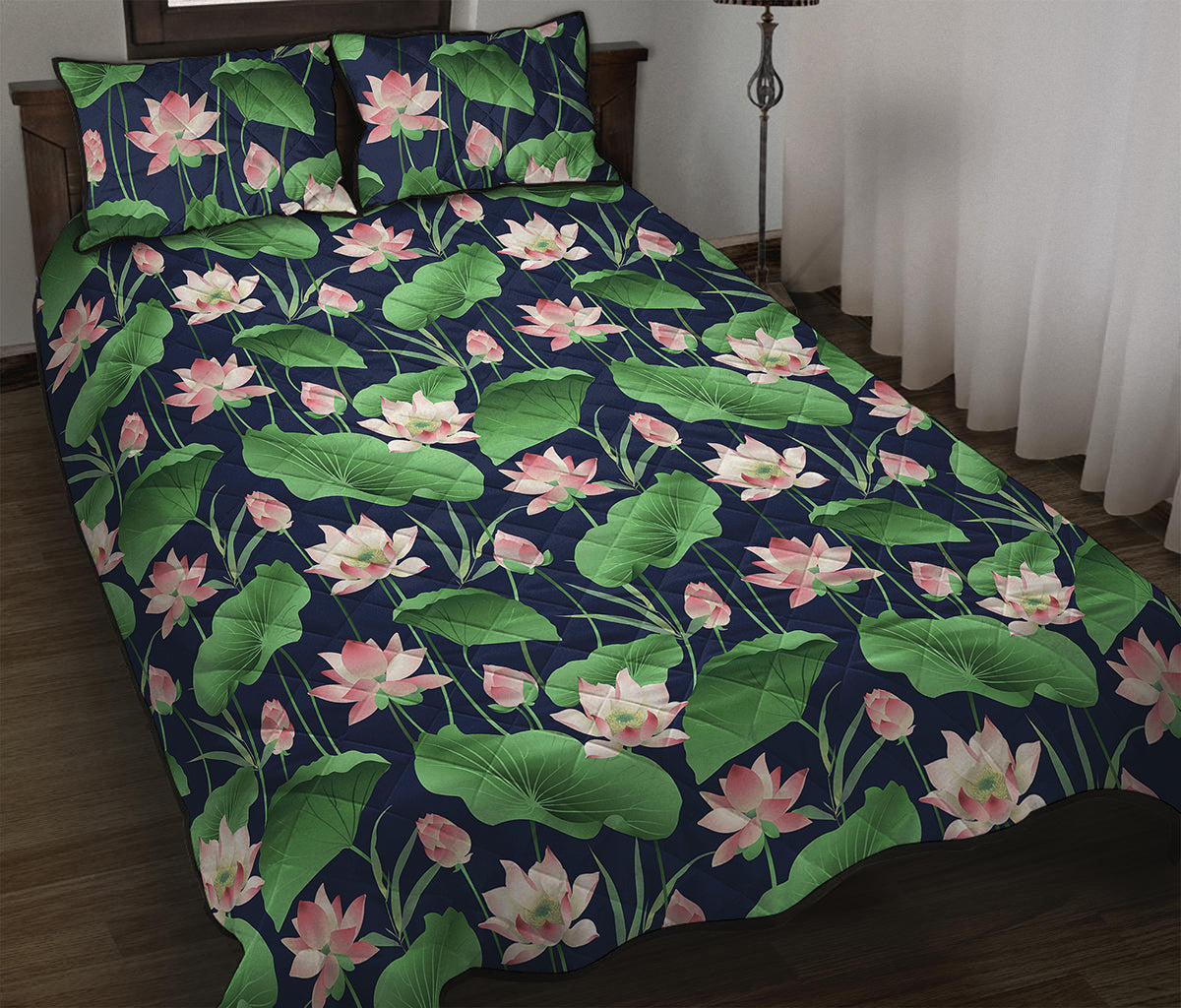 Flower And Leaf Lotus Pattern Print Quilt Bed Set