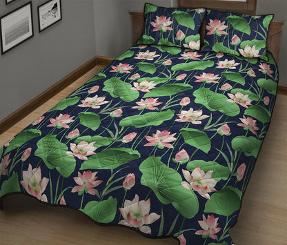 Flower And Leaf Lotus Pattern Print Quilt Bed Set