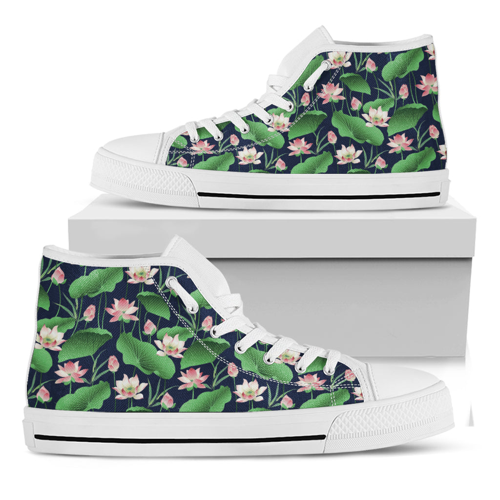 Flower And Leaf Lotus Pattern Print White High Top Shoes