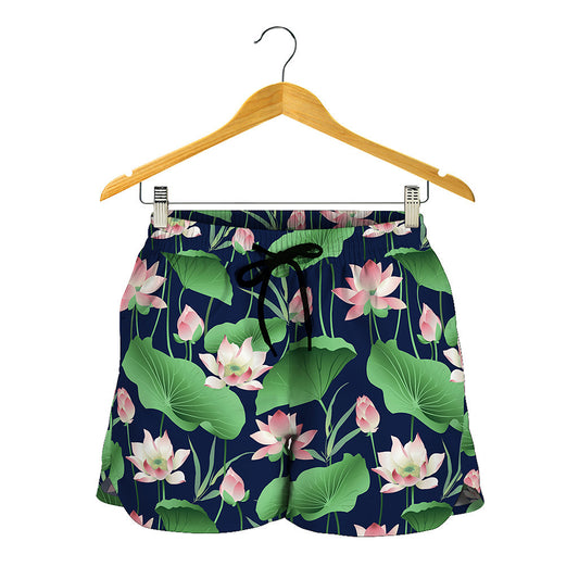 Flower And Leaf Lotus Pattern Print Women's Shorts
