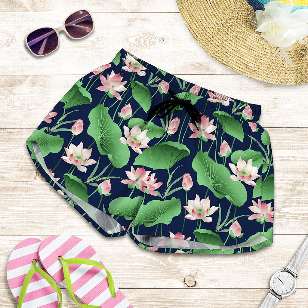Flower And Leaf Lotus Pattern Print Women's Shorts