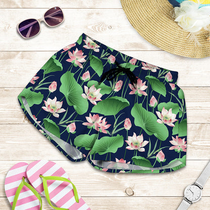 Flower And Leaf Lotus Pattern Print Women's Shorts