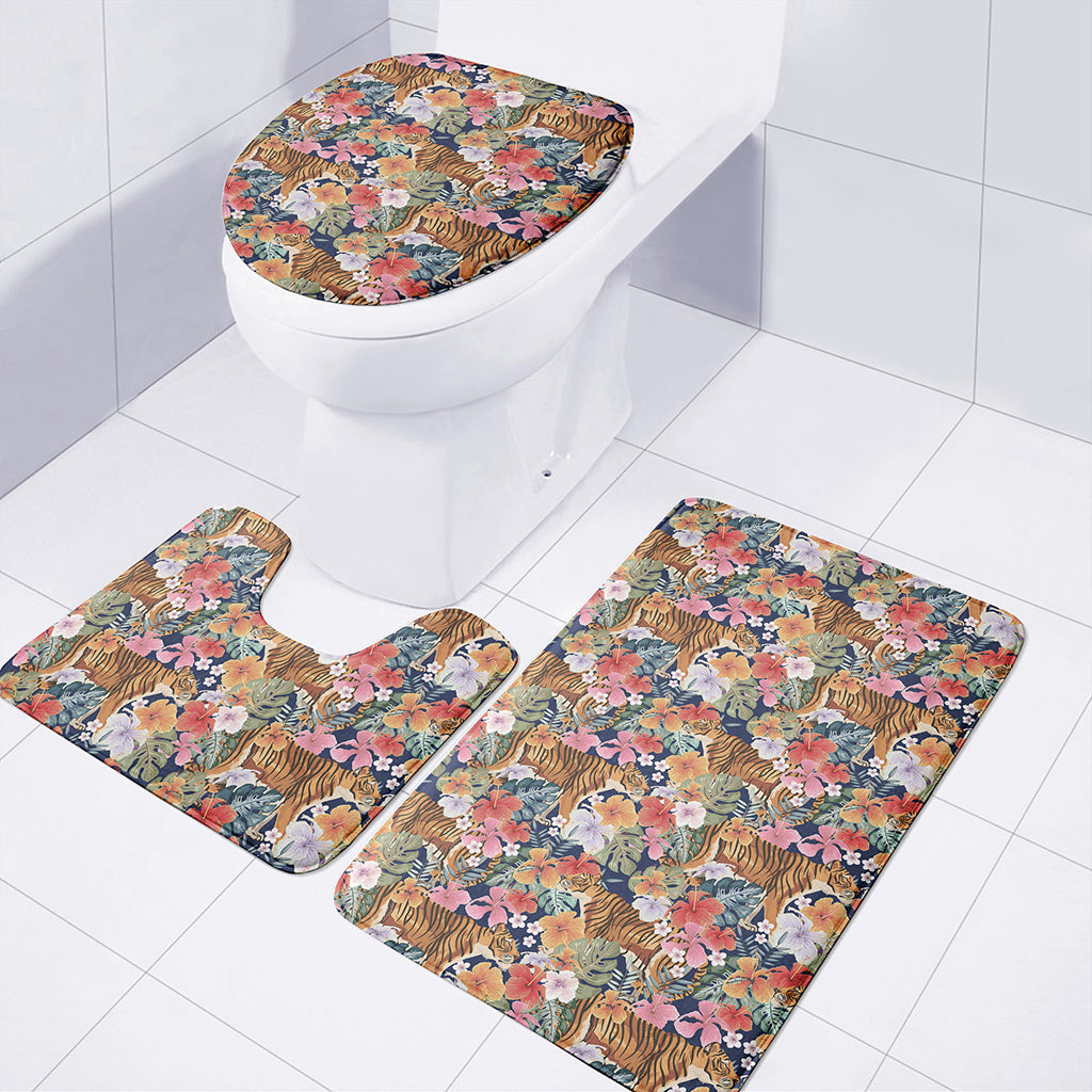 Flower And Tiger Pattern Print 3 Piece Bath Mat Set