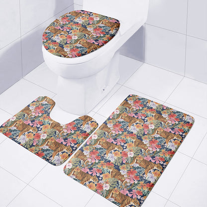 Flower And Tiger Pattern Print 3 Piece Bath Mat Set