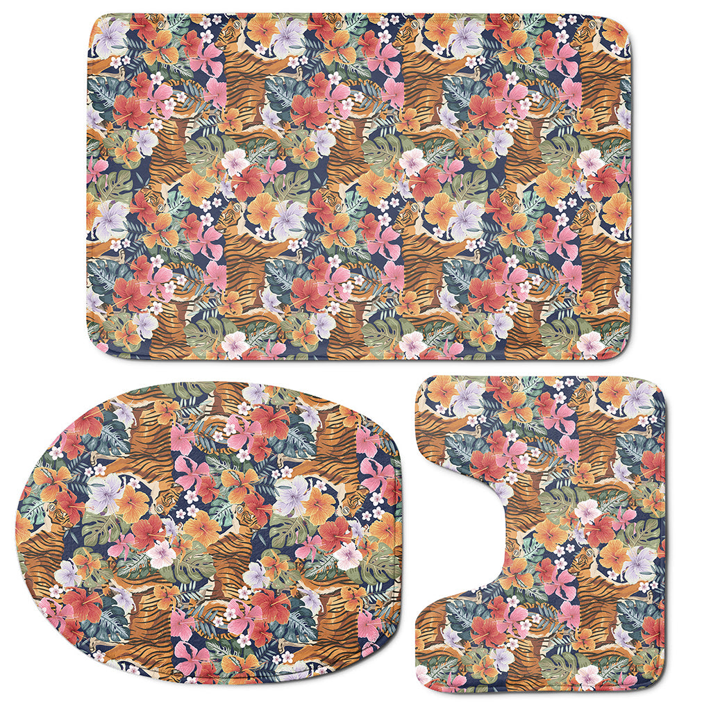 Flower And Tiger Pattern Print 3 Piece Bath Mat Set
