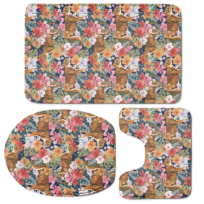 Flower And Tiger Pattern Print 3 Piece Bath Mat Set