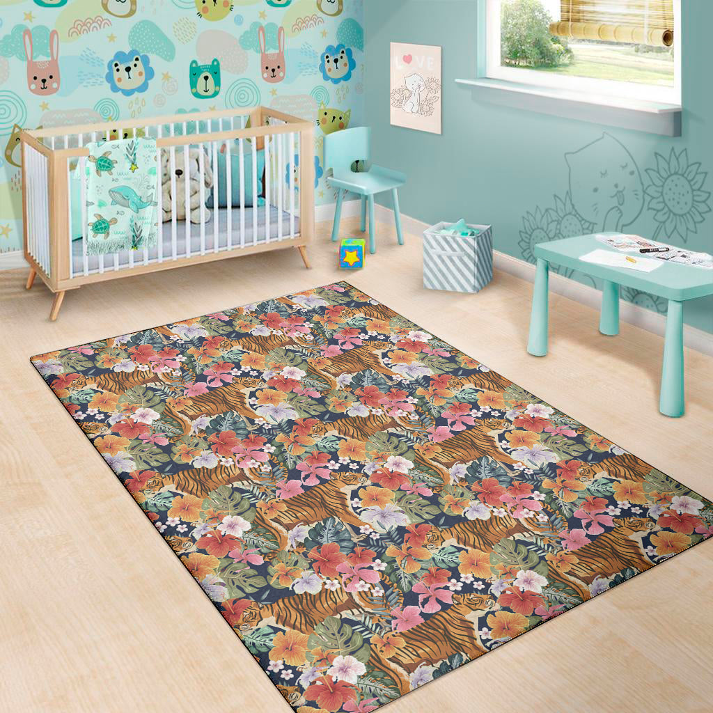 Flower And Tiger Pattern Print Area Rug