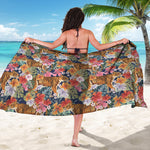 Flower And Tiger Pattern Print Beach Sarong Wrap