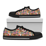Flower And Tiger Pattern Print Black Low Top Shoes