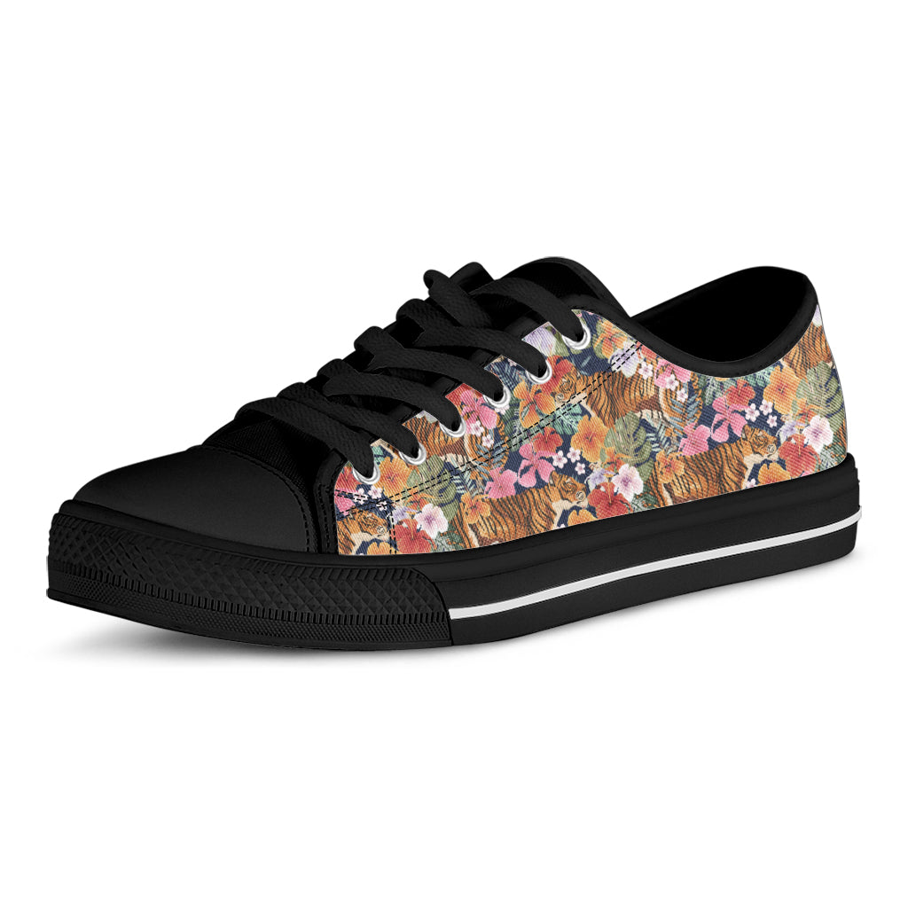 Flower And Tiger Pattern Print Black Low Top Shoes