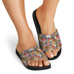 Flower And Tiger Pattern Print Black Slide Sandals